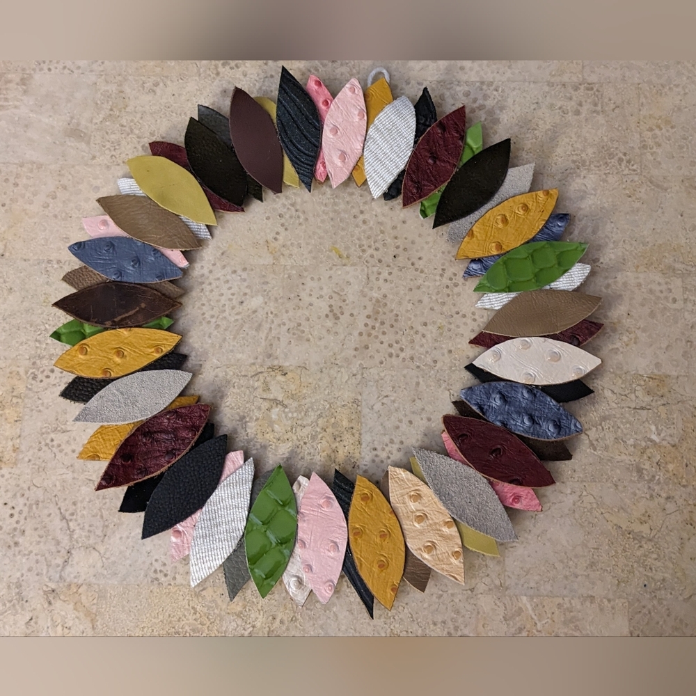 Handmade Genuine Leather Wreath Multi Color Leather Suede Leaves 10.5" - Picture 3 of 6